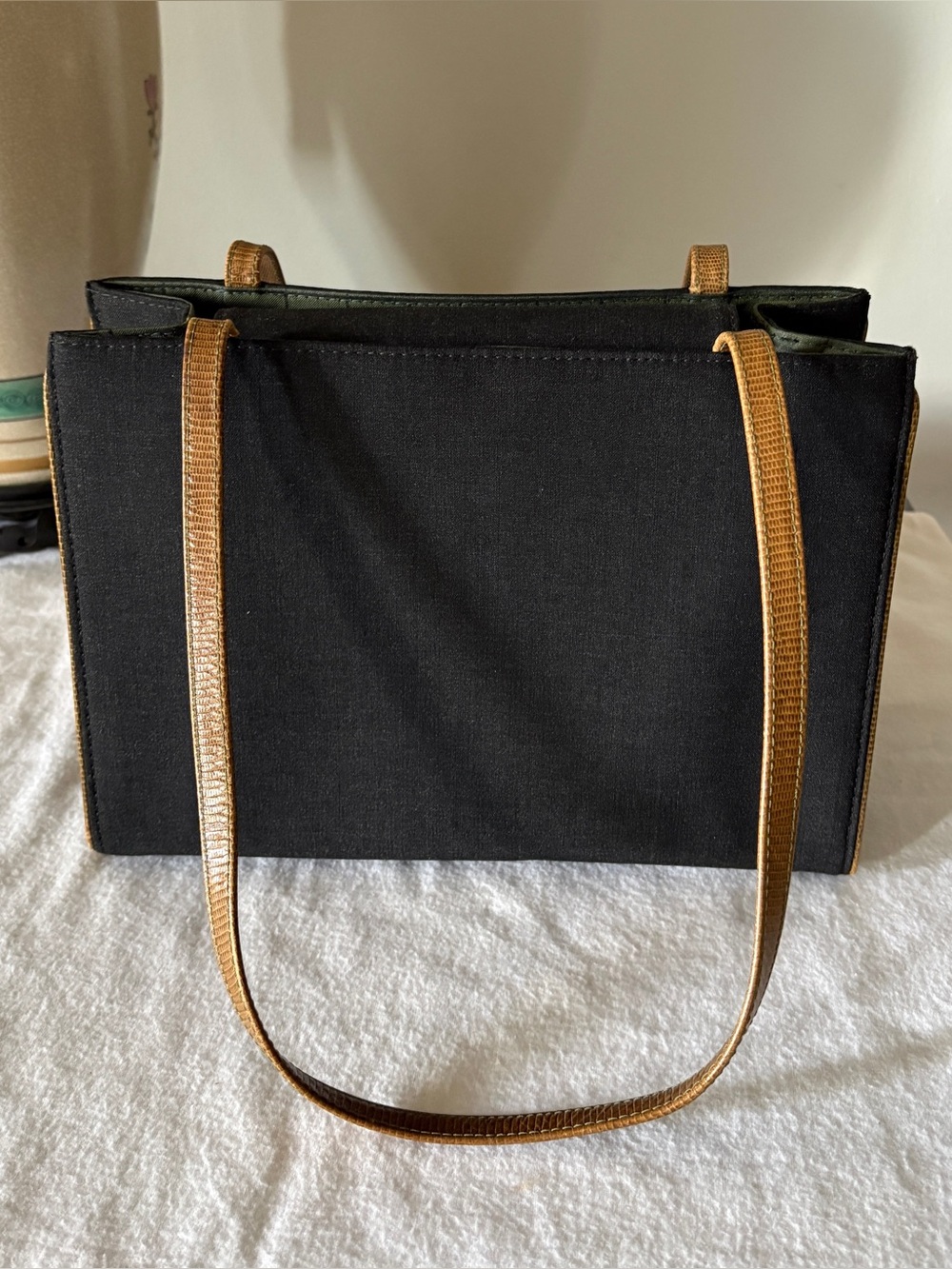 Kate Spade New York Black Canvas Shoulder Bag with Tan Leather Straps Trim